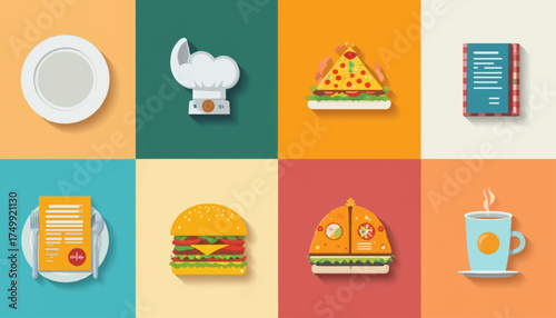 Set of flat design food icons vector illustration for restaurant menu app and web design isolated on colorful background