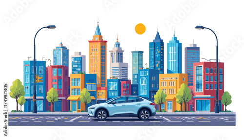 Cityscape illustration with modern electric car colorful buildings and street vector flat design for urban lifestyle and transportation concepts
