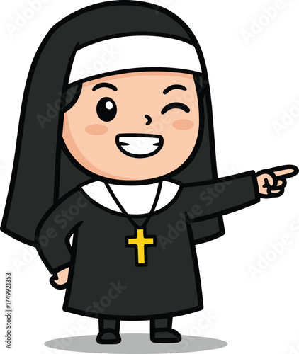 Cartoon Nun Character Pointing with Cheerful Expression, Wearing Black Habit and Cross Necklace – Playful Religious Vector for Education and Humor