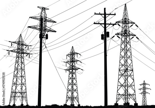 Silhouette of transmission towers and wooden utility pole, lattice steel structures, high voltage electricity pylons, energy infrastructure, electrical power distribution network