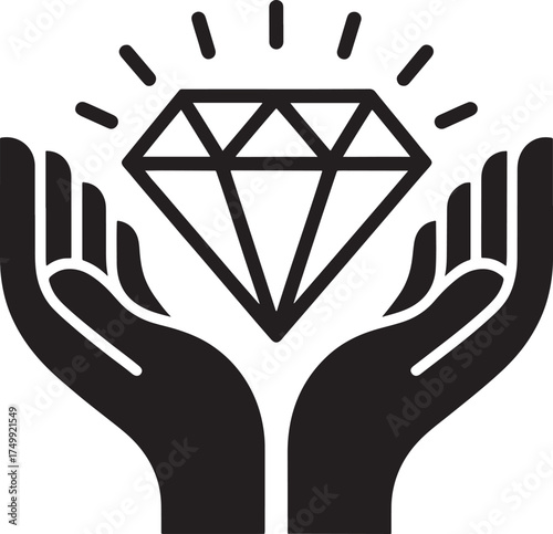 Black icon of hands holding a diamond with radiating light vector