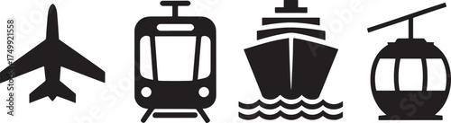 Black Icons of Airplane Train Ship and Cable Car transportation aircraft