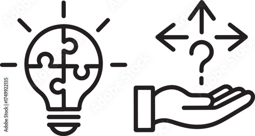 Black outline icons of a lightbulb with puzzle pieces and a hand with question mark idea solution