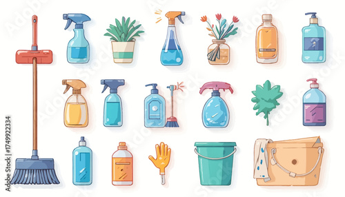 A comprehensive collection of essential cleaning tools and products for a sparkling home