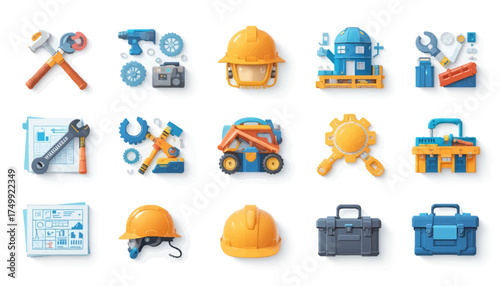 Construction set of transportation vehicle icons and tools illustration