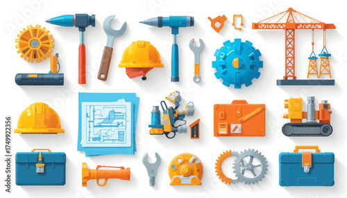 A flat vector icon set of construction tools is a design illustration for web and business