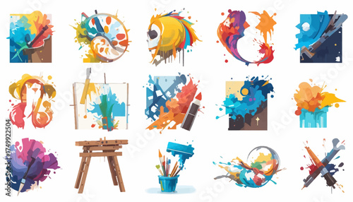 Set of artistic watercolor icons colorful abstract splash vector design elements isolated on white background