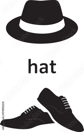 Black silhouette fedora hat and oxford shoes with word hat footwear