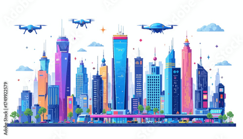 Colorful cityscape illustration with skyscrapers and drones vibrant vector design for urban development and modern technology concepts isolated on white