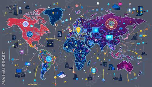 Global network connection map digital technology concept with interconnected devices vector illustration for business and communication