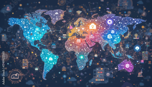 Global network illustration depicting interconnected devices and data points ideal for technology and communication concepts