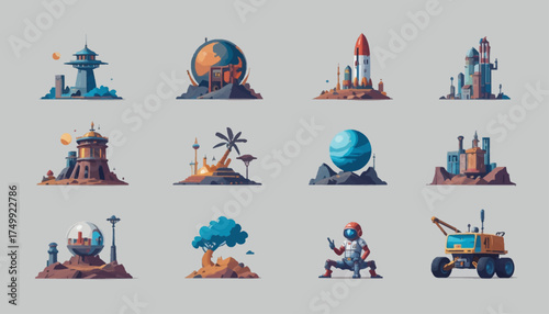 Set of futuristic landscape icons vector illustration of fantasy world elements isolated on white background