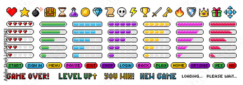 Pixel art game icons. Pixelated vector illustration of game buttons, progress bar. Retro 8 bit pixel assets for game