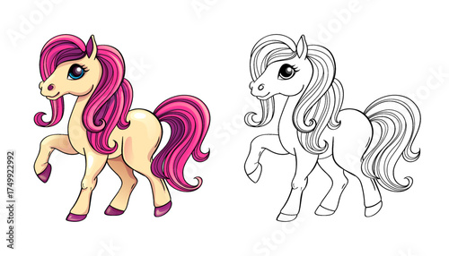 Cute little pony with pink hair. Black and white vector illustration for coloring book with example in color