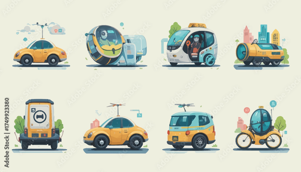 Fototapeta premium Set of futuristic vehicle icons flat vector design elements for transportation and city life concepts isolated on white background