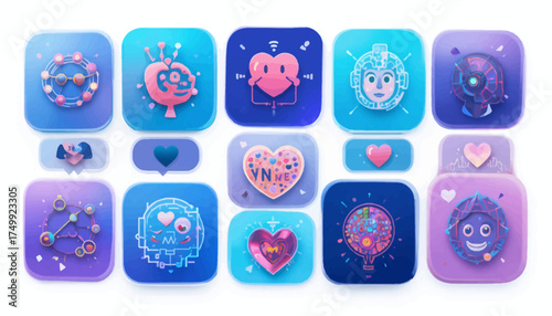 Set of futuristic love and romance icons vector flat design elements for app and web design isolated on white background