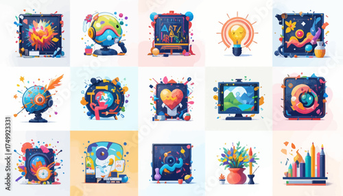 Set of colorful education icons creative flat vector design elements for web and mobile apps isolated on white background
