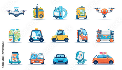 Set of cartoon delivery vehicle icons cute flat vector design for logistics and transportation isolated on white background