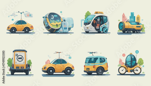 Set of futuristic vehicle icons flat vector design elements for transportation and city life concepts isolated on white background