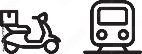 Delivery scooter and train icons on white background moped cargo