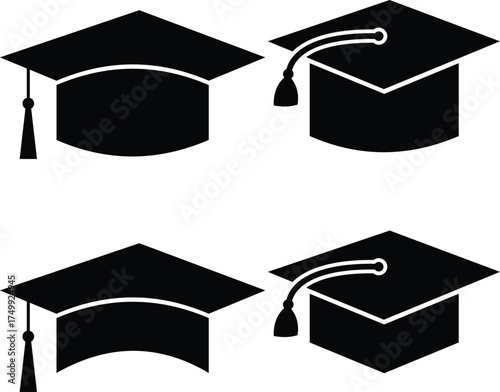 Graduation Cap Icon Set – Academic Hat and Education Symbol Vector for School, College, and University Design