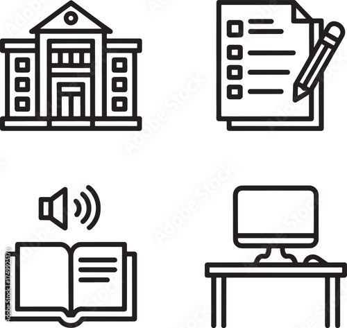 Education icons building book computer and checklist with pencil school university