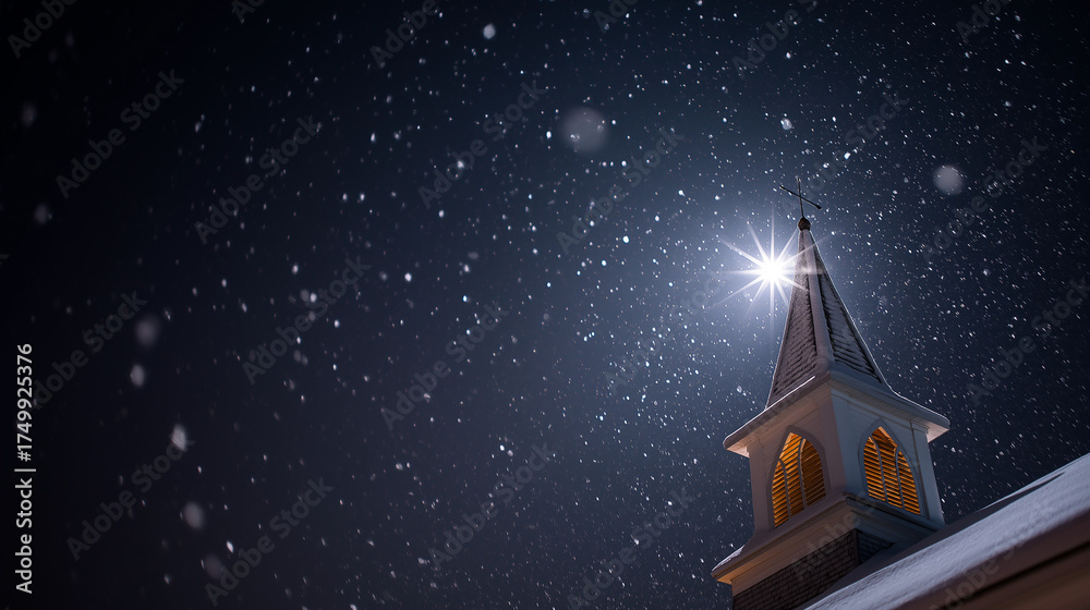 Fototapeta premium Church steeple shining brightly under snowy night sky
