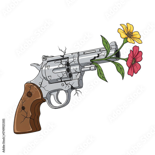 Broken Revolver with Flower Growing from the Muzzle Symbolizing Peace, Hope, and the End of Violence Isolated on White Background