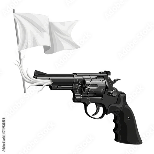 Broken Revolver with White Flag Growing from the Muzzle Symbolizing Peace and the End of Conflict Isolated on White Background