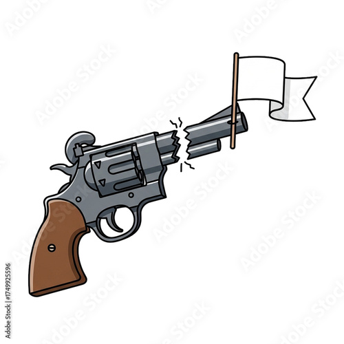Broken Revolver with White Flag Growing from the Muzzle Symbolizing Peace and the End of Conflict Isolated on White Background