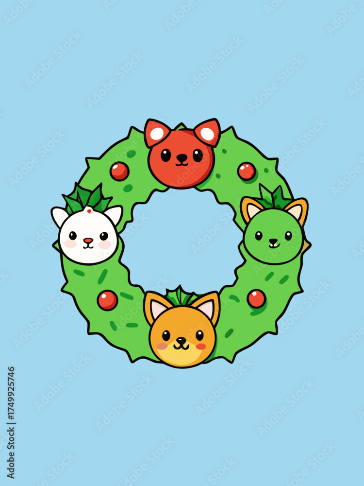 Obraz premium Adorable cartoon animal faces christmas wreath vector illustration festive holiday decoration