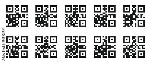 QR code scanning icon vector illustration on white background. QR code icon. Fake template of quick response matrix barcode in square grid. Mobile phone camera readable digital label isolated on white