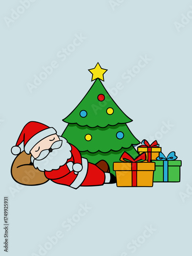 Festive christmas scene santa claus napping under tree with presents vector illustration