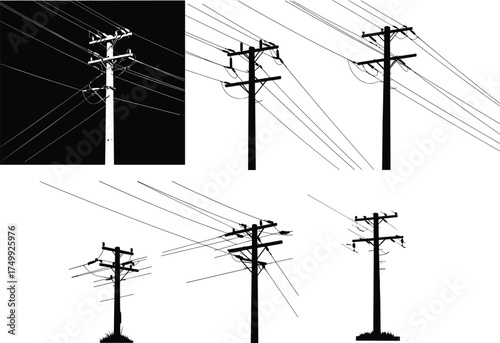 Silhouette of utility poles with crossarms, insulators, power lines, contrasting backgrounds, rural electricity distribution, energy infrastructure, industrial landscape, high voltage grid
