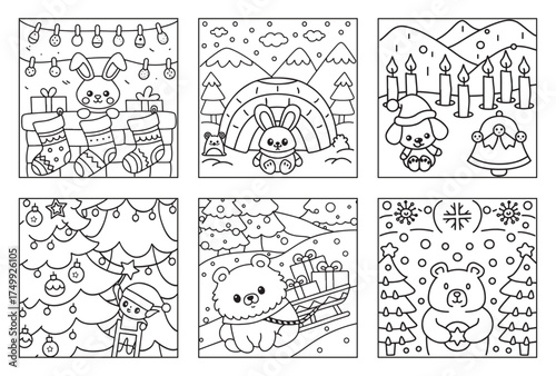 Celebration Monochrome Outline Icons: Festive Bunny with Stockings, Rabbit with Rainbow, Puppy with Bell, Bear on Sled with Presents, Tree with Ornament and Bear with Snowflake