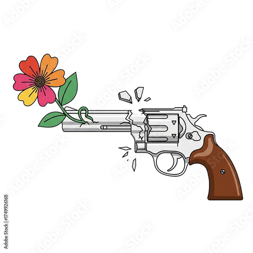 Broken Revolver with Flower Growing from the Muzzle Symbolizing Peace, Hope, and the End of Violence Isolated on White Background