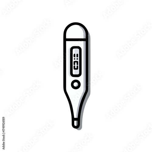 Digital thermometer illustration in black and white for healthcare concept on transparent background 