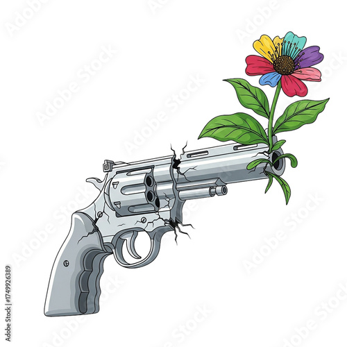 Broken Revolver with Flower Growing from the Muzzle Symbolizing Peace, Hope, and the End of Violence Isolated on White Background