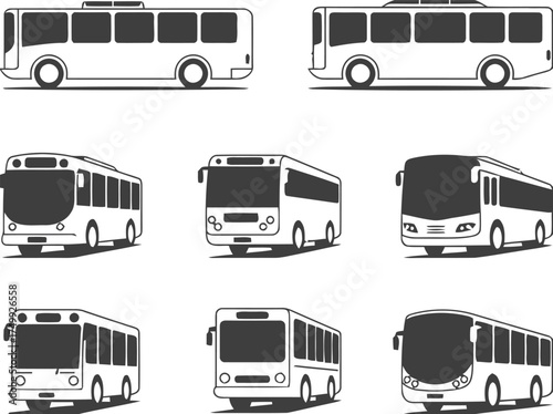 bus, vehicle, transport, transportation, public transport, city bus, coach, travel, commute, passenger, icon, illustration, set, collection, front view, side view, angled view, black and white, graphi