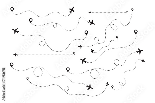 Airplane Route Path with Dotted Line and Pin Location. Airplane dotted route line set. Dashed Line Flight Path with Global Map Elements. Flight Route Vector. Plane Path with GPS Tracking and Location.