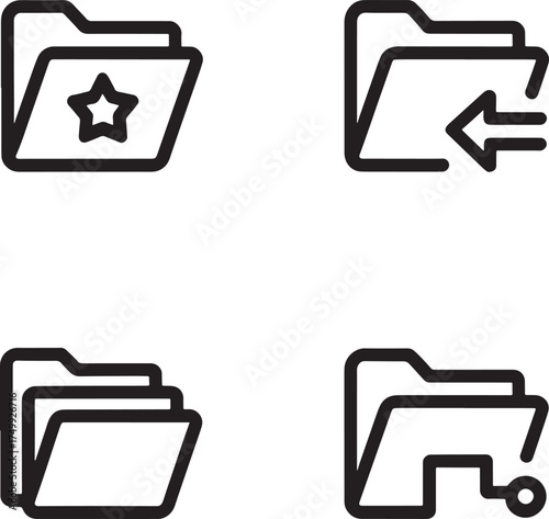 Four black outline folder icons on white background with different symbols Keywords: folder, icon