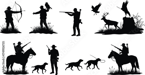 Hunter and animal silhouette vector set with dogs, deer, horse, eagle, and bow hunting scenes for wildlife adventure and outdoor design illustration