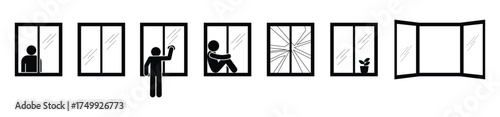 Set of window icons, broken glass, man washing window, isolated silhouettes of people