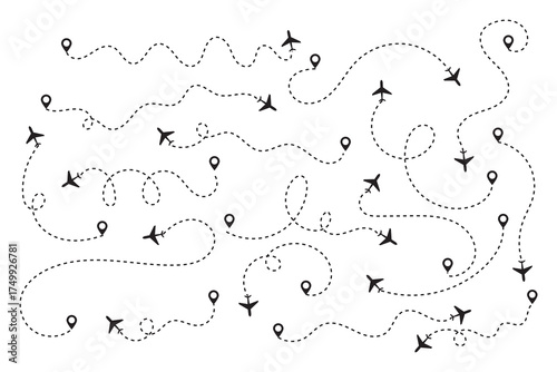 Airplane Route Path with Dotted Line and Pin Location. Airplane dotted route line set. Dashed Line Flight Path with Global Map Elements. Flight Route Vector. Plane Path with GPS Tracking and Location.