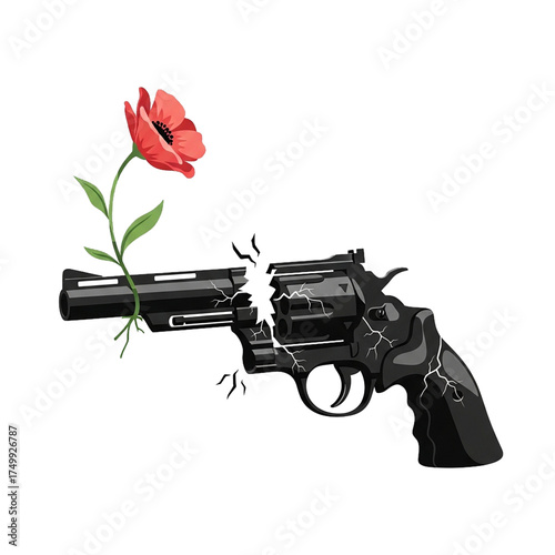 Broken Revolver with Flower Growing from the Muzzle Symbolizing Peace, Hope, and the End of Violence Isolated on White Background
