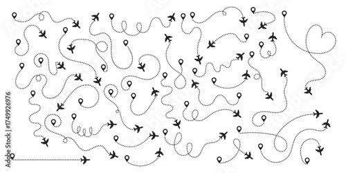 Airplane routes set. Airplane Route Path with Dotted Line and Pin Location. Jet Flight Path Map. Airplane Route with Navigation Line and Destination Marker. Vector Illustration. eps10