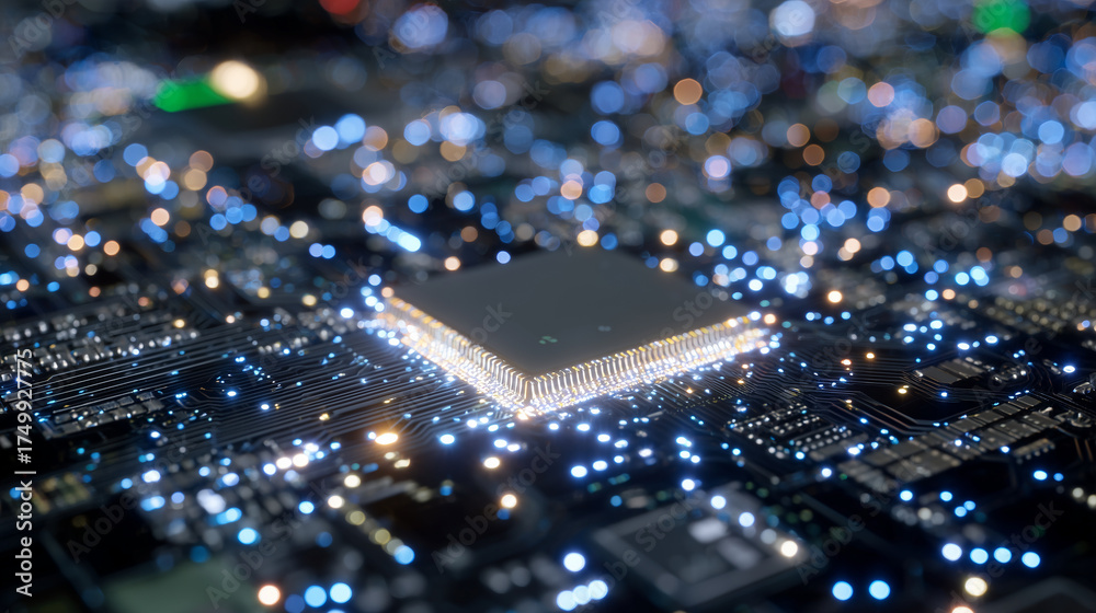 Obraz premium Extreme macro of a GPU chip surface, fine solder joints gleaming under precision lighting