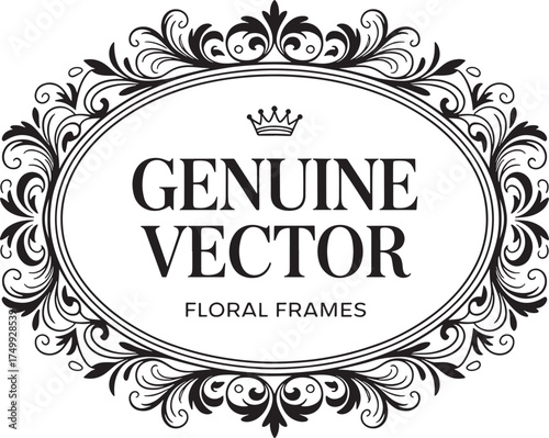 Genuine Vector Floral Frames Oval Emblem With Crown And Swirls illustration