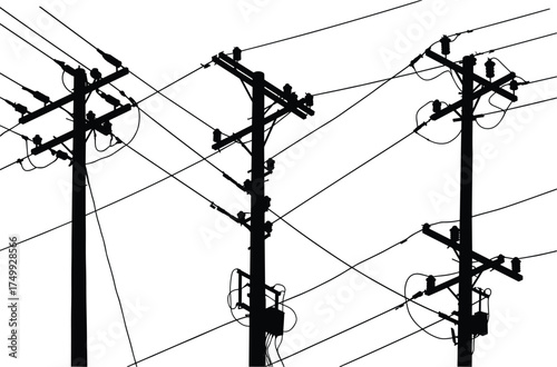 Silhouette of utility poles with insulators, crisscrossing wires, electricity distribution, urban infrastructure, industrial landscape, high voltage electrical power grid