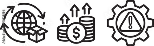 Global Logistics, Financial Growth and Warning Gear Icons Keywords: global, logistics, shipping, box